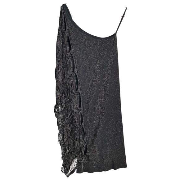 BEBE One Shoulder Fringe Metallic Midi Dress Black Petite Small - Picture 3 of 5